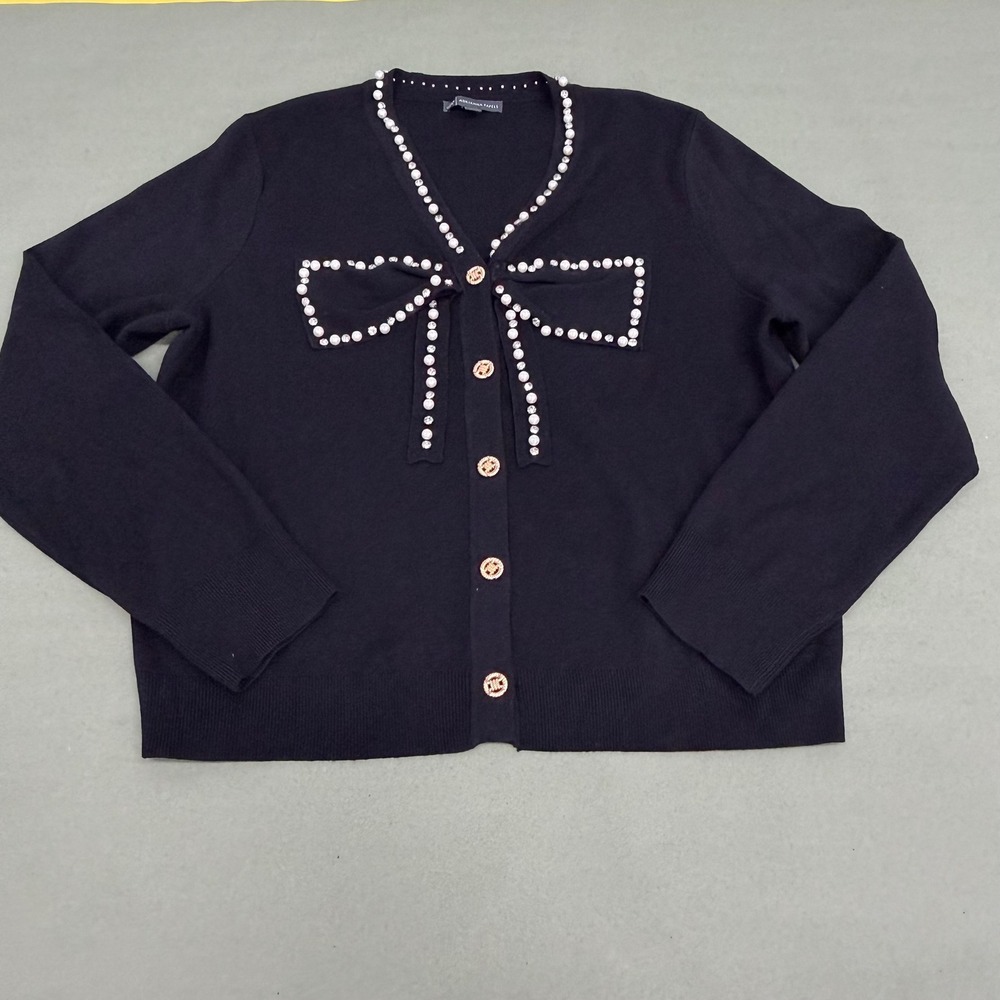 Adrianna Papell Black Pearl Rhinestone Bow Cardigan Sweater Gold Buttons Large